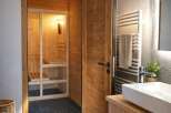 Experience ultimate relaxation in this modern bathroom featuring a private sauna.