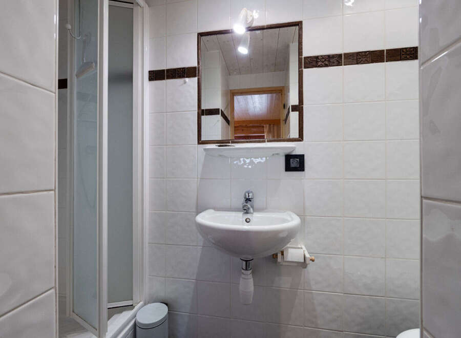 This compact bathroom features a practical shower enclosure and a clean white sink with a chrome faucet.