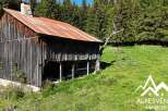 Discover this rustic wooden barn nestled amidst a lush green meadow and surrounded by a dense forest.