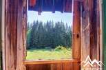 Experience the charm of mountain living with this rustic cabin, offering breathtaking views of a lush green meadow and dense pine forest.