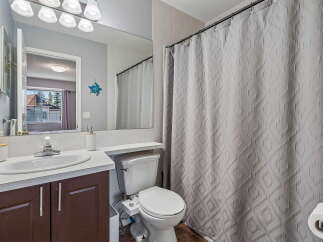 This bathroom features a modern vanity with a white sink and dark brown cabinetry, complemented by a large mirror with an overhead light fixture.