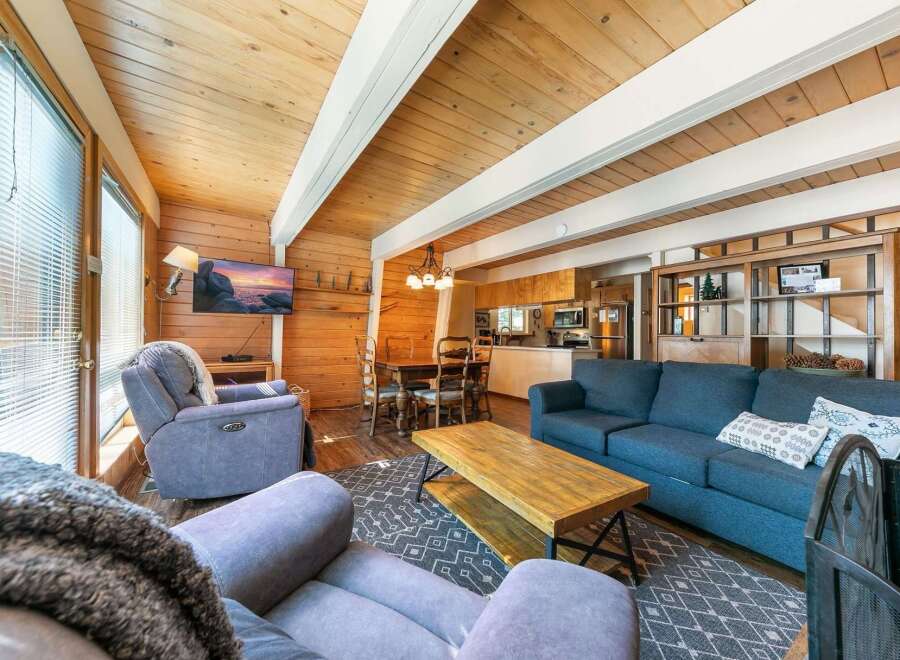 Experience cozy living in this charming cabin-style living room, featuring warm wood paneling and a vaulted ceiling with exposed beams.