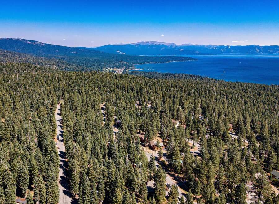 Discover this stunning aerial view showcasing a picturesque landscape with a dense forest of evergreen trees leading down to a serene blue lake.