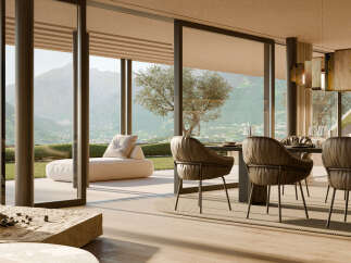 Experience luxury living with this stunning modern dining room, featuring plush leather chairs and a sleek dining table perfect for entertaining.