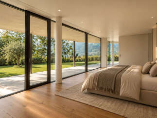 Experience luxurious living in this modern bedroom featuring floor-to-ceiling windows that offer breathtaking views of the surrounding landscape.