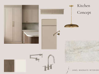 Discover a sophisticated kitchen concept featuring elegant cabinetry in a neutral taupe hue, complemented by sleek brass hardware.
