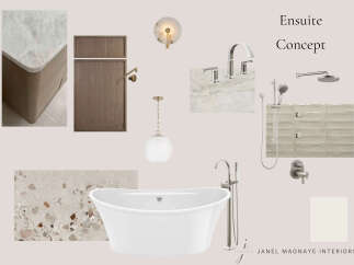 Discover a luxurious ensuite concept featuring a freestanding bathtub with a floor-mounted faucet, complemented by elegant wood cabinetry and marble countertops.