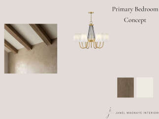 Elevate your primary bedroom with this sophisticated concept, featuring rustic wooden beams and a textured, earthy wall finish for a warm and inviting ambiance.