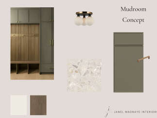 Discover a sophisticated mudroom concept featuring a harmonious blend of sage green cabinetry and warm wood accents.