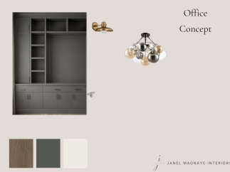 This office concept features a sophisticated built-in gray cabinetry unit, offering ample storage with shelves and drawers.