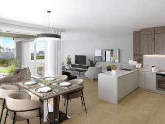 Experience modern living in this open-concept apartment featuring a stylish dining area, a comfortable living room, and a sleek, fully-equipped kitchen.