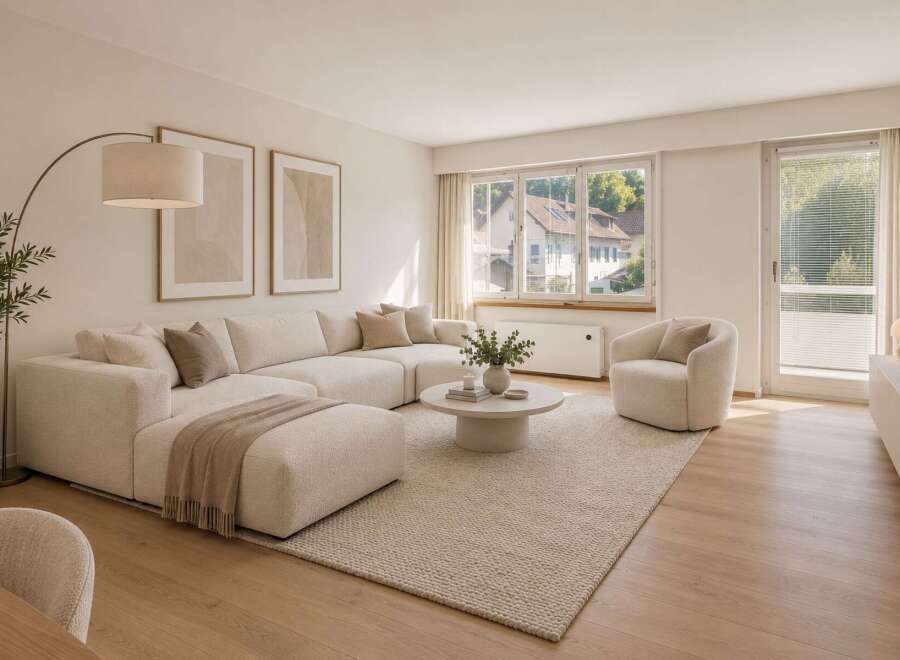 Step into this beautifully appointed living room, featuring a spacious, modular sectional sofa in a neutral tone, perfect for relaxation and entertaining.