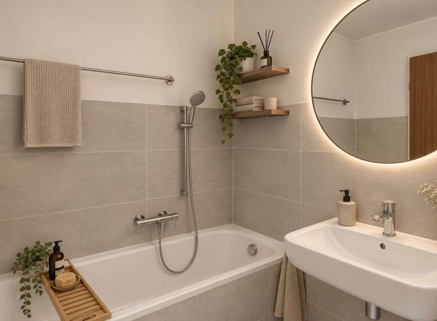 Experience modern comfort in this beautifully appointed bathroom, featuring a sleek bathtub and a stylish vanity with a large, illuminated mirror.
