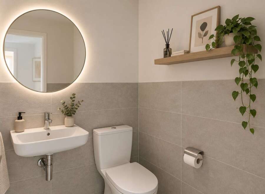 This modern bathroom features a sleek wall-mounted sink with a contemporary faucet, complemented by a round, illuminated mirror that adds a touch of luxury.