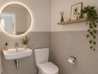 This modern bathroom features a sleek wall-mounted sink with a contemporary faucet, complemented by a round, illuminated mirror that adds a touch of luxury.