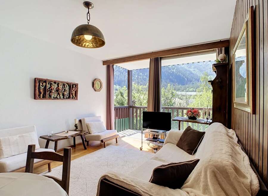 Experience breathtaking mountain views from this cozy living room, featuring a comfortable sofa, a rustic wooden coffee table, and a large window overlooking a lush green landscape.