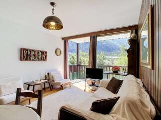 Experience breathtaking mountain views from this cozy living room, featuring a comfortable sofa, a rustic wooden coffee table, and a large window overlooking a lush green landscape.