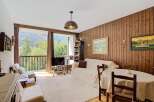 Experience breathtaking mountain views from this charming living room, featuring a cozy seating area and a large window overlooking a lush landscape.