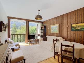 Experience breathtaking mountain views from this charming living room, featuring a cozy seating area and a large window overlooking a lush landscape.