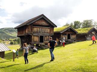 Experience the charm of traditional Norwegian architecture with these historic log cabins, featuring unique grass-covered roofs that blend seamlessly with the natural landscape.