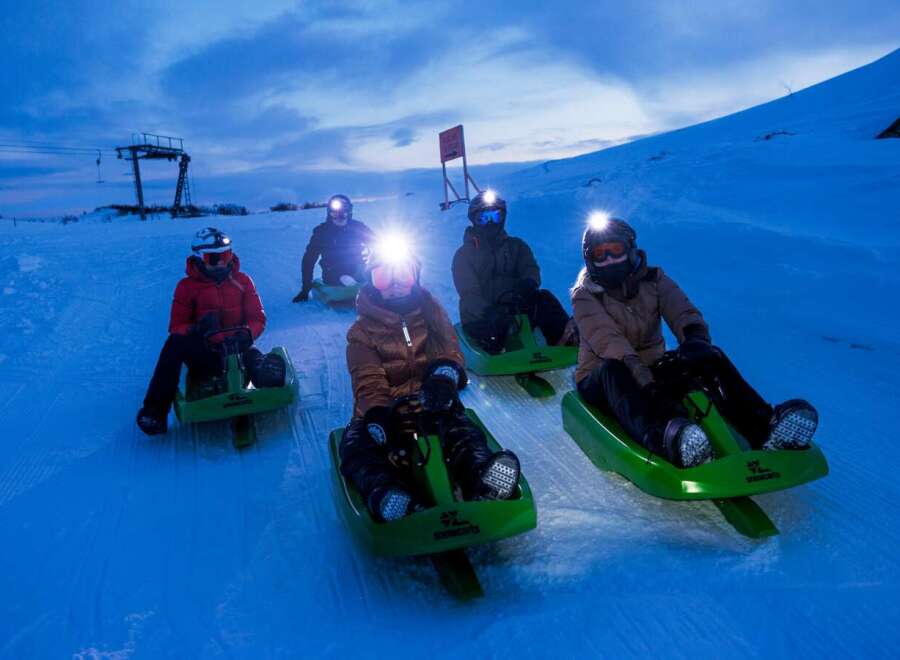 Experience the thrill of night sledding on this picturesque snowy slope.