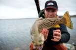 Experience the thrill of the catch with this impressive brown trout, a testament to the abundant fishing opportunities in this serene lakeside location.