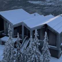 Experience luxury mountain living in this stunning modern ski lodge, nestled amidst snow-covered pine trees.