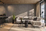 Experience modern mountain living in this stunning living room, featuring a plush sectional sofa adorned with decorative pillows and a cozy throw.
