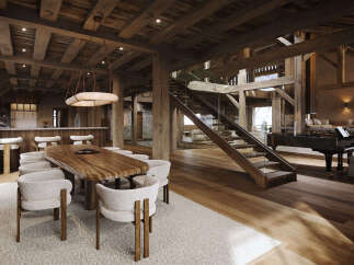 Experience rustic luxury in this stunning mountain lodge featuring a grand dining area with a live-edge wood table and plush seating, complemented by a modern kitchen island with bar stools.