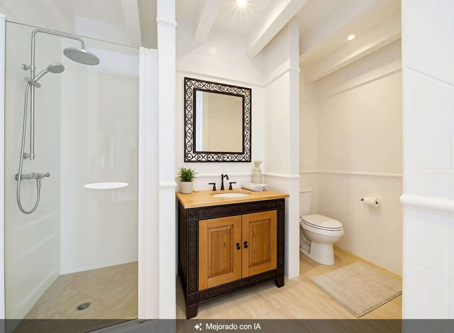 This bright and airy bathroom features a spacious walk-in shower with a modern chrome showerhead and a separate handheld sprayer.