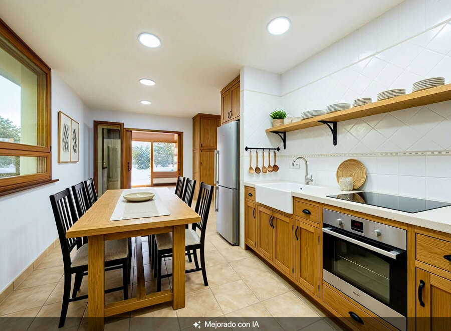 This spacious kitchen and dining area boasts a large wooden dining table with seating for six, perfect for family meals.