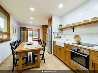This spacious kitchen and dining area boasts a large wooden dining table with seating for six, perfect for family meals.