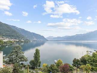 Experience breathtaking panoramic views of a serene lake and majestic mountains from this exceptional property.