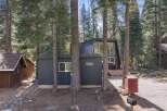 Nestled amongst tall pine trees, this modern A-frame home offers a unique architectural design with a dark exterior and large windows.