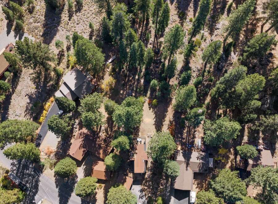 Nestled amidst a serene forest, this property offers a tranquil escape with multiple homes surrounded by mature trees and natural landscaping.