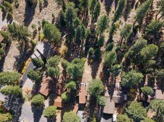 Nestled amidst a serene forest, this property offers a tranquil escape with multiple homes surrounded by mature trees and natural landscaping.