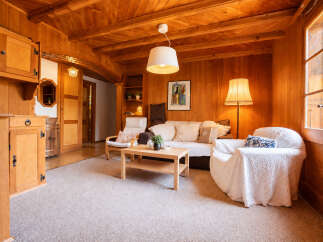 Step into a cozy living room featuring warm wood paneling and a sloped wooden ceiling.
