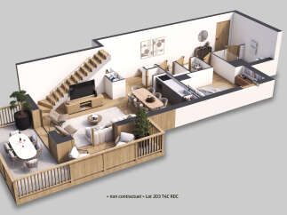Discover this stunning modern apartment featuring an open-plan living area with a sleek kitchen and dining space.