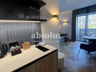 Experience modern living in this stylish studio apartment, featuring a sleek kitchenette with a kettle and ample counter space.