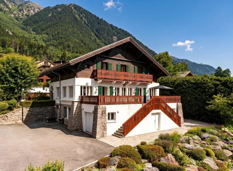 Nestled against a majestic mountain backdrop, this charming chalet offers a quintessential alpine retreat.