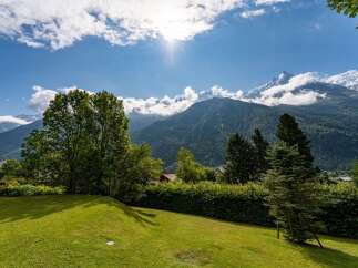 Experience breathtaking mountain views from this stunning property, featuring a lush green lawn perfect for outdoor relaxation.