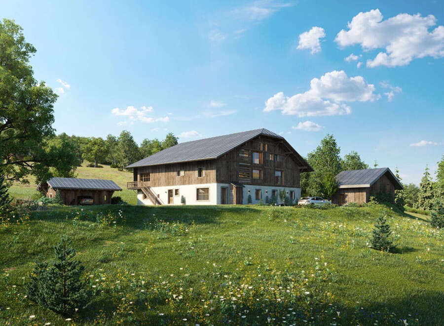 Discover this stunning alpine property featuring a spacious wooden chalet with a modern stone foundation, perfect for a luxurious mountain retreat.
