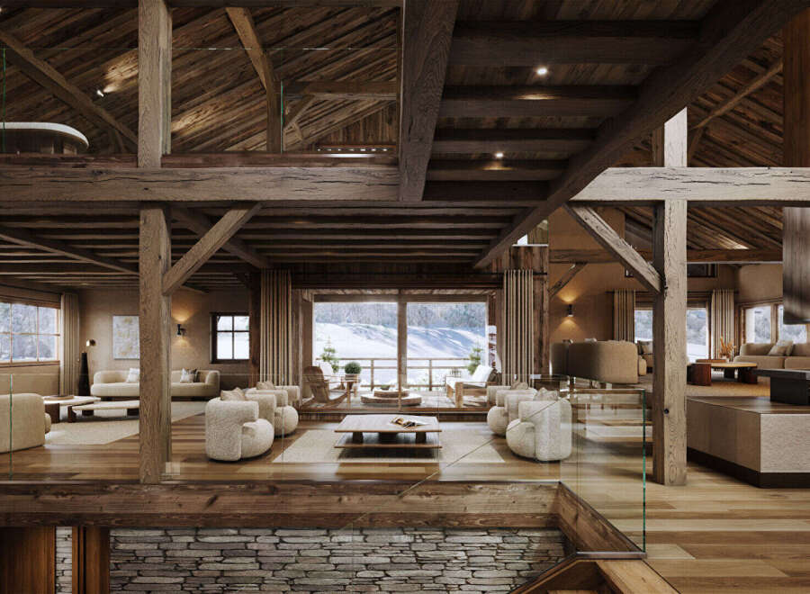 Experience luxurious mountain living in this stunning chalet, featuring a spacious open-plan living area with exposed wooden beams and a cozy fireplace.