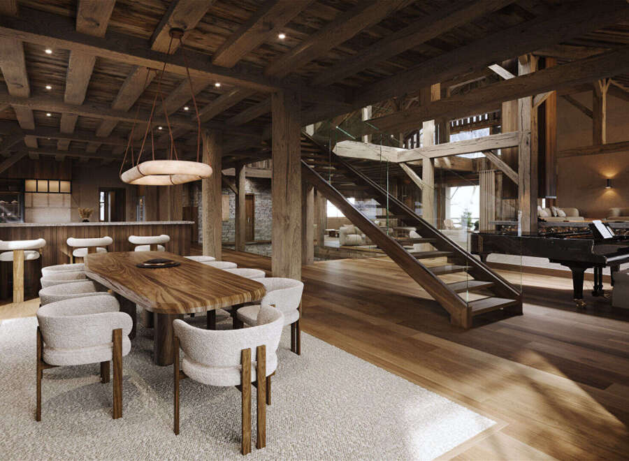 Experience luxurious mountain living in this stunning chalet, featuring a grand dining area with a live-edge wood table and plush seating, perfect for hosting.