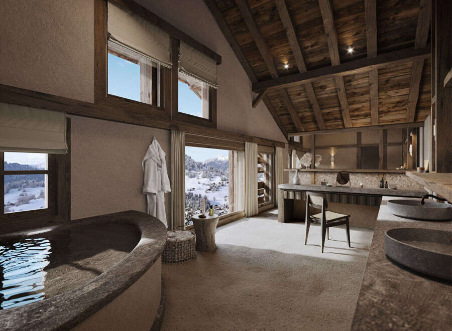 Experience unparalleled luxury in this stunning mountain retreat bathroom, featuring a deep soaking tub with breathtaking snowy landscape views.