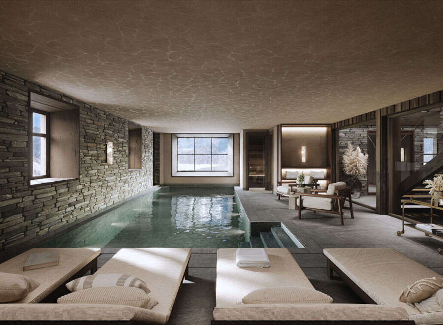 Experience ultimate relaxation in this luxurious indoor spa featuring a serene swimming pool with stunning mountain views through a large window.