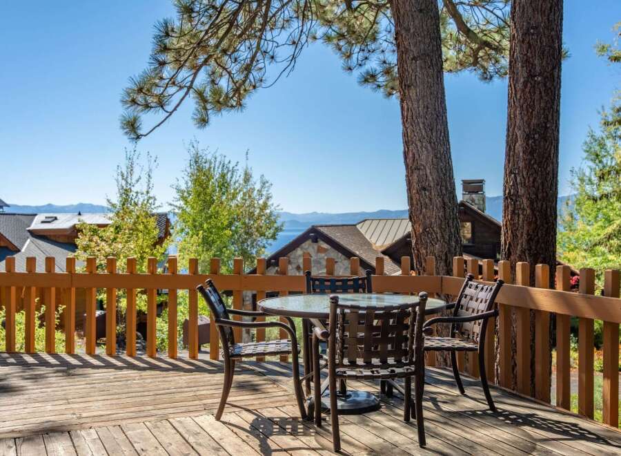 Enjoy breathtaking lake and mountain views from this charming deck, perfect for morning coffee or evening relaxation.