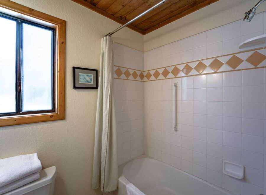 Step into this charming bathroom featuring a classic white tiled shower and tub combo, accented with a decorative diamond pattern border.