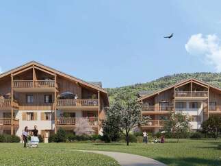 Experience modern living in this stunning architectural rendering of a multi-story apartment complex nestled against a lush, tree-covered mountainside.