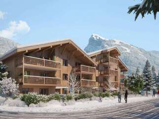 Experience luxury mountain living in this stunning wooden chalet-style apartment building, nestled against a breathtaking snowy mountain backdrop.
